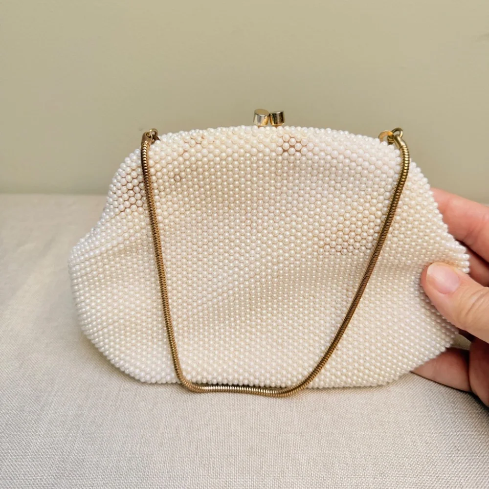 Vintage Made in Hong Kong Ivory and Gold Beaded Purse Handbag